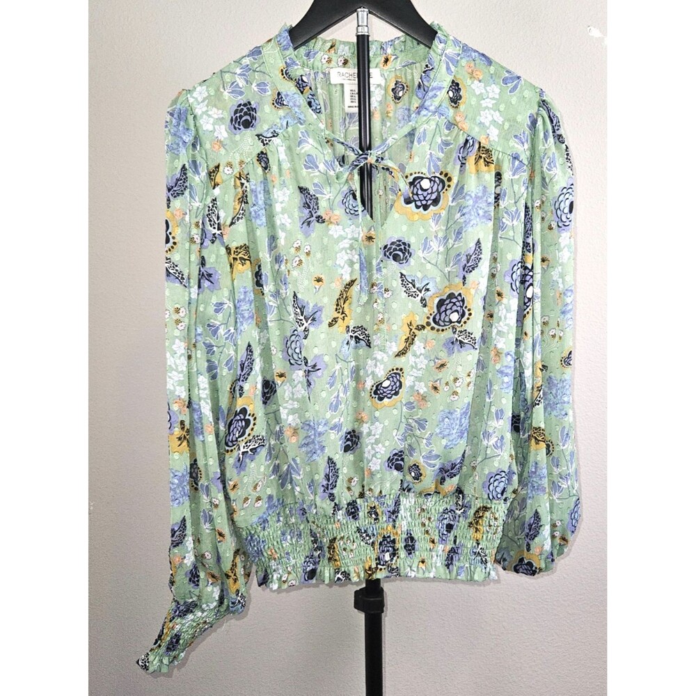 Rachel Zoe Womens Floral Peasant Blouse Green Smocked Boho Top Size Large